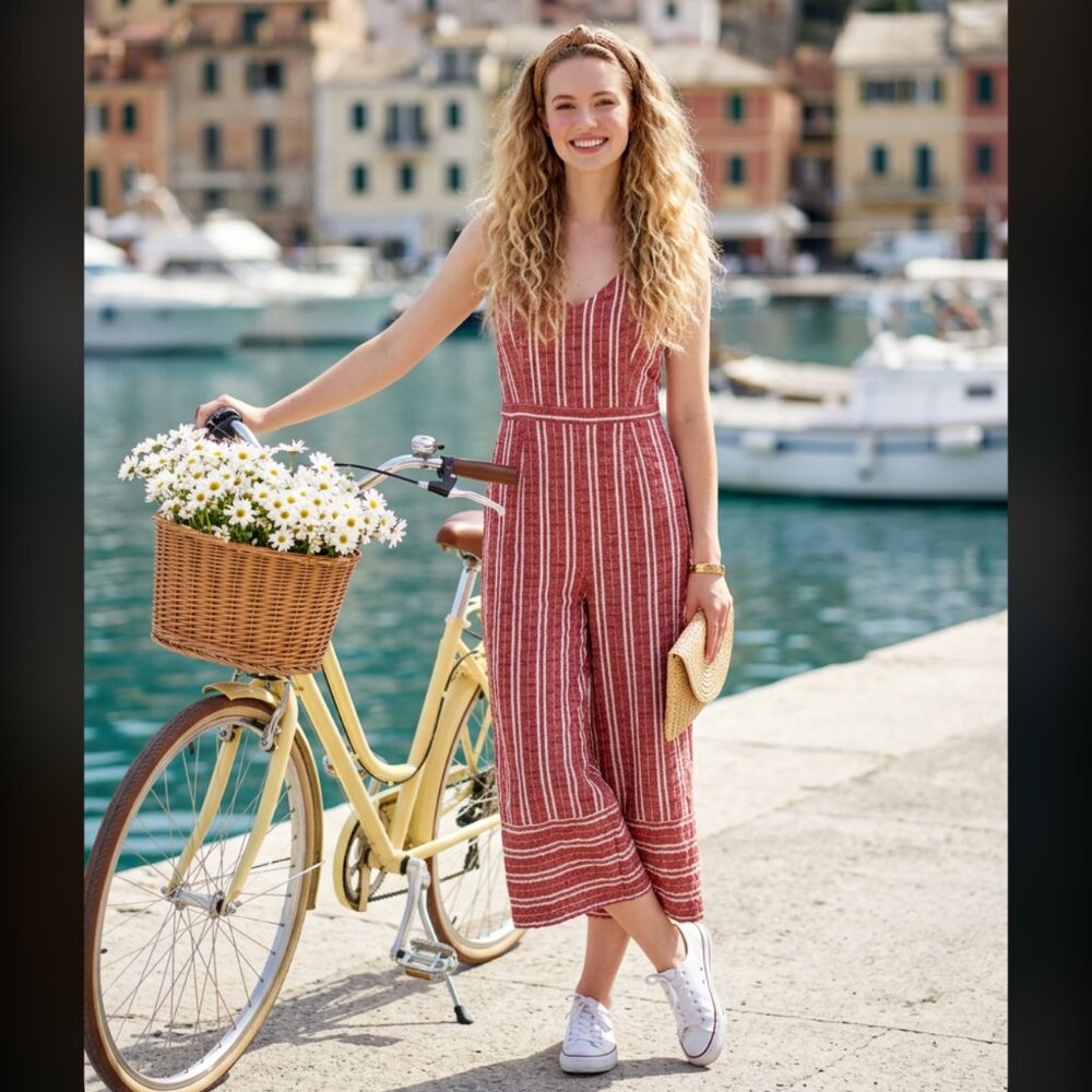 Anthropologie Red Striped Wide-leg cropped Jumpsuit